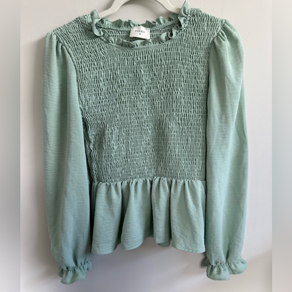 Everly Mint Green Smocked Ruffle Peplum Blouse